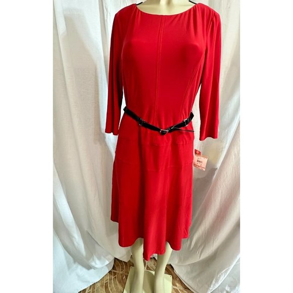 NWT $128 ANNE KLEIN RED BELTED 3/4 SLEEVE STRETCH FIT & FLARE FLAW Size 12 #1405 - Picture 1 of 16